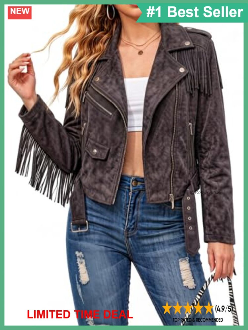 Faux Leather Moto Biker Jacket Belted Tassel Trim Fringe Trim
